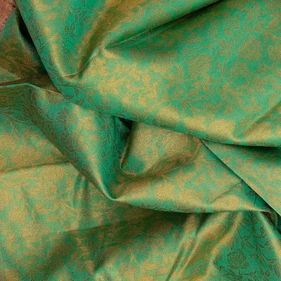 Aquamarine Handwoven Kanchipuram Korvai Tissue Silk Saree With Floral Vine Motifs & Contrast Pink Border, Pallu-Aquamarine
