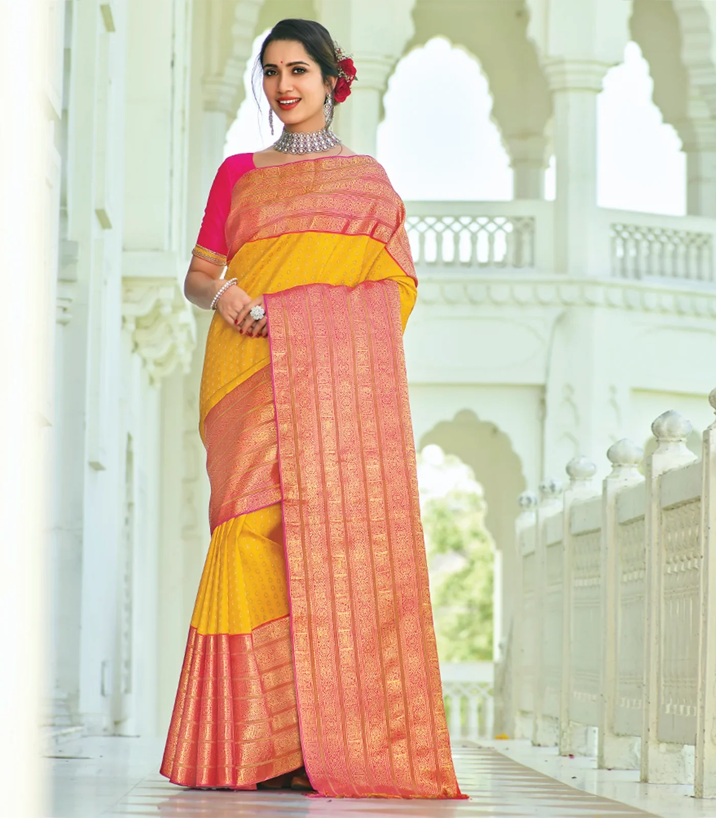 Yellow Handwoven Kanchipuram Korvai Silk Saree with flower bud, elephant & Yazhi motif’s and a pink border-Yellow