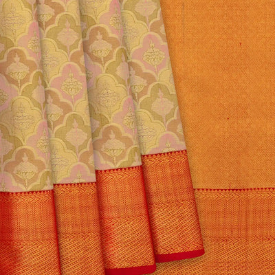 Beige Handwoven Kanchipuram Korvai Silk Saree With Floral Jaal Motifs-Beige
