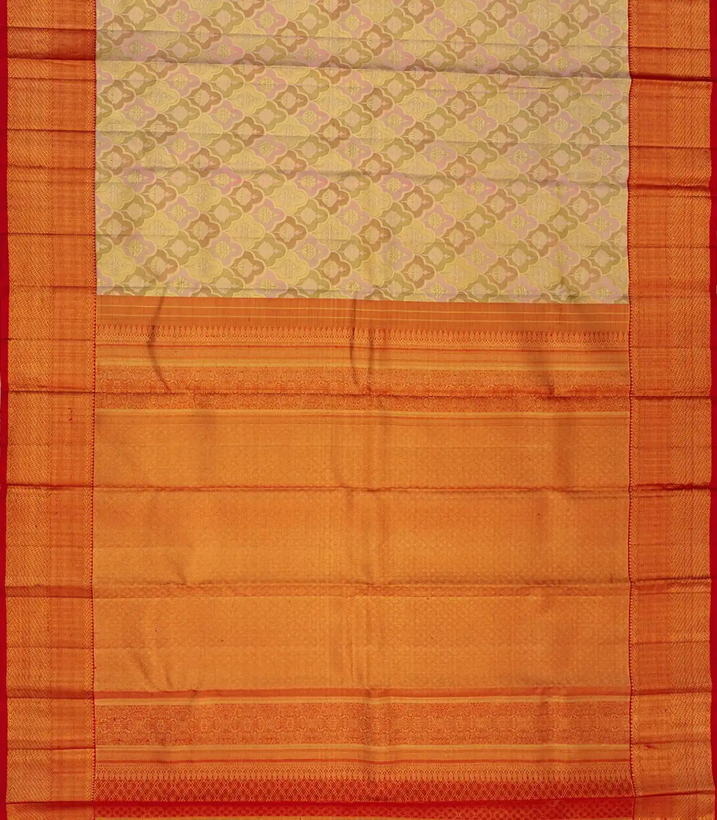 Beige Handwoven Kanchipuram Korvai Silk Saree With Floral Jaal Motifs-Beige