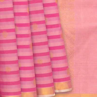 Pink Handwoven Kanchipuram Silk saree With Stripes & Chakaram Butta-Pink