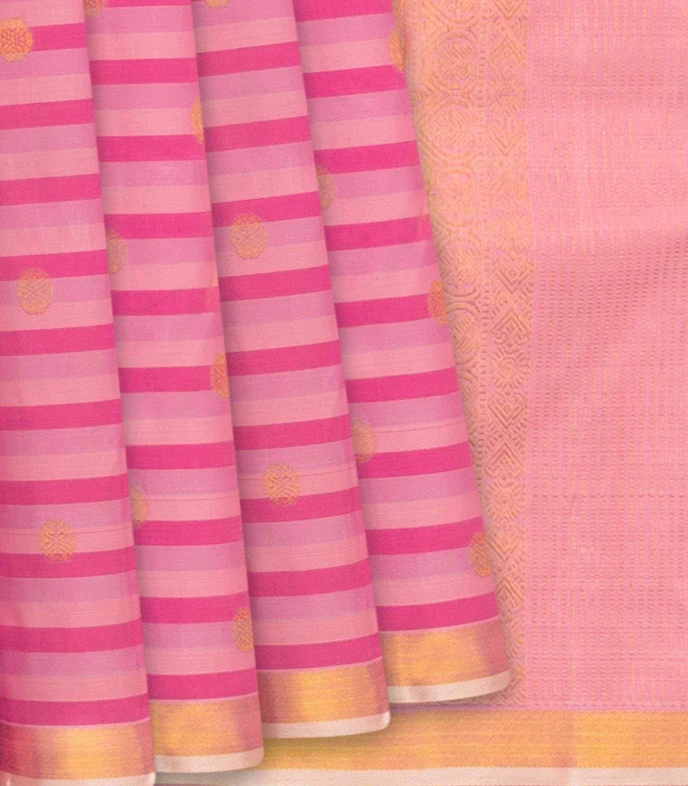 Pink Handwoven Kanchipuram Silk saree With Stripes & Chakaram Butta-Pink