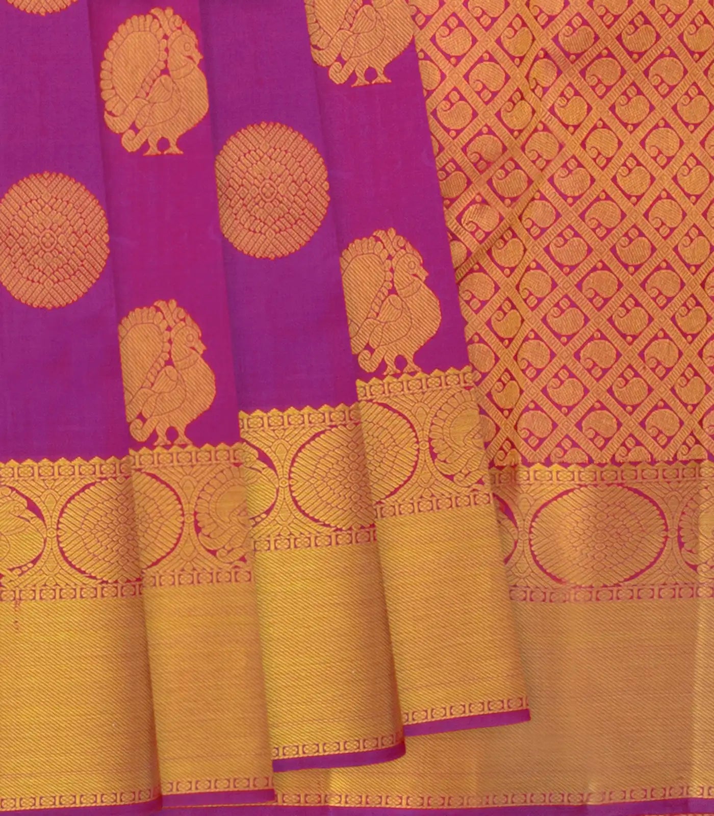 Hot Pink Kanchipuram Handloom Silk Saree With Annam Butta-Hot Pink
