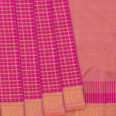 Hot Pink Handloom Kanchipuram Silk Saree With Zari Checks-Hot Pink