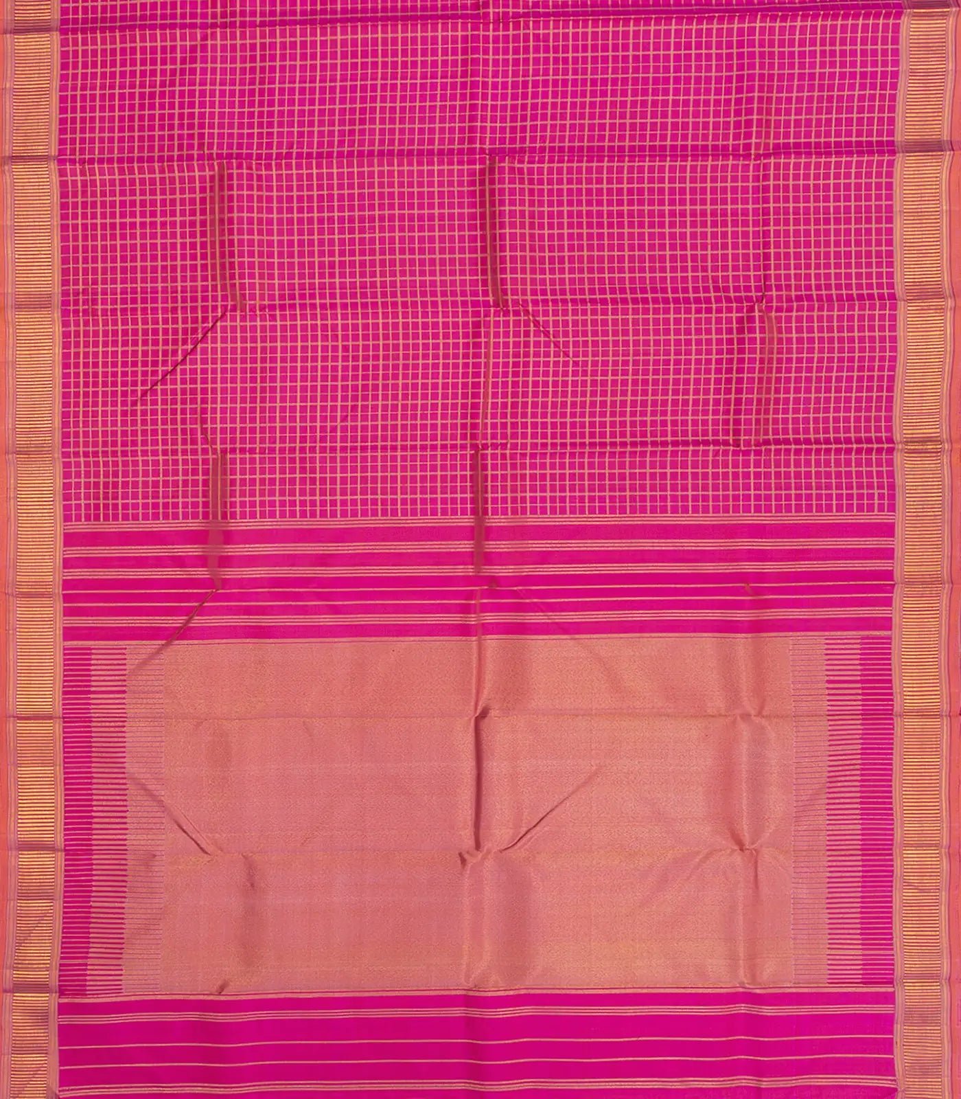 Hot Pink Handloom Kanchipuram Silk Saree With Zari Checks-Hot Pink