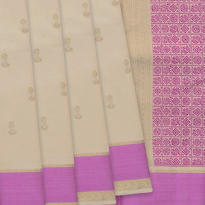 Cream Handloom Kanchipuram Silk Saree With Jumka Motifs-Cream
