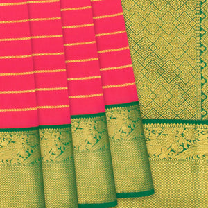 Orange Handloom Kanchipuram Korvai Silk Saree With Stripes & Peacock Motifs in Border-Orange