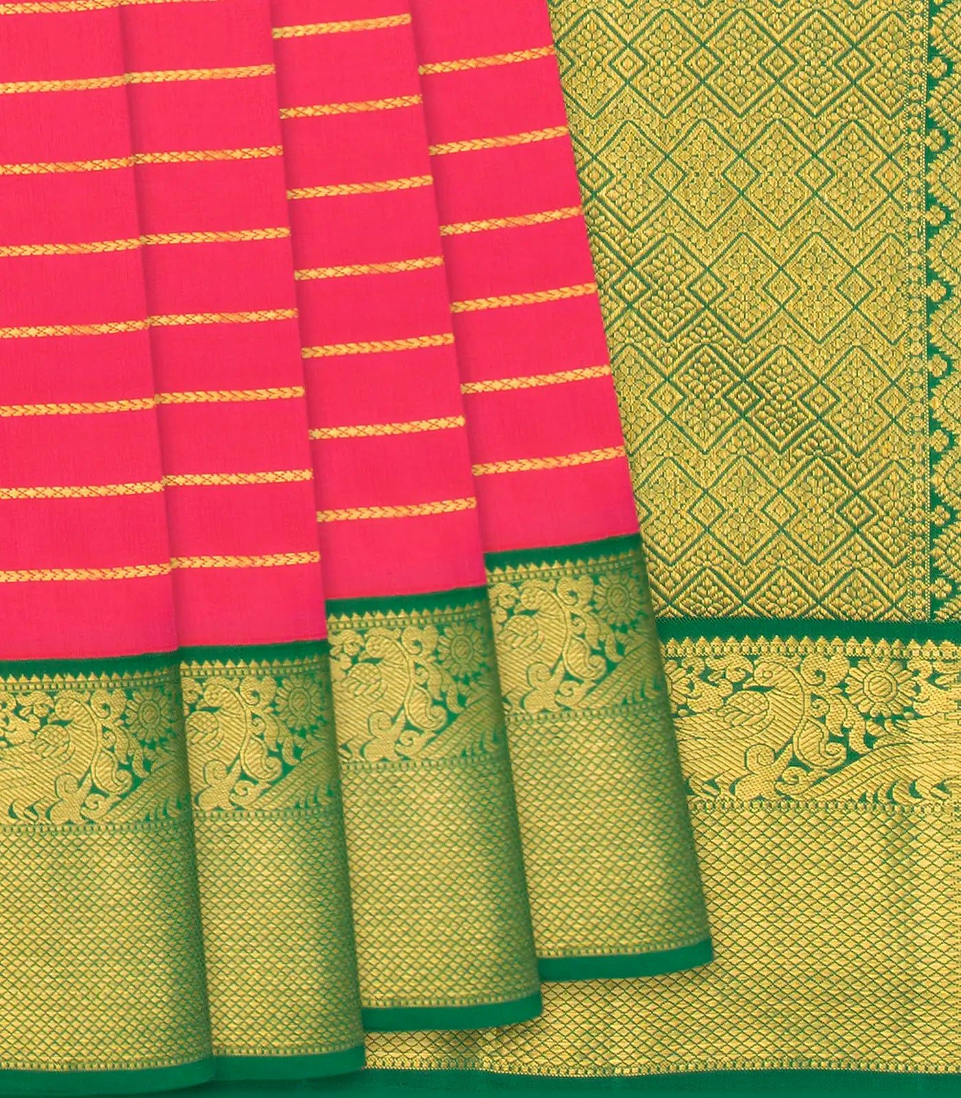 Orange Handloom Kanchipuram Korvai Silk Saree With Stripes & Peacock Motifs in Border-Orange