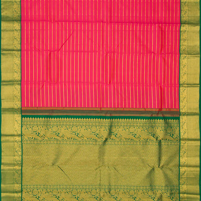 Orange Handloom Kanchipuram Korvai Silk Saree With Stripes & Peacock Motifs in Border-Orange