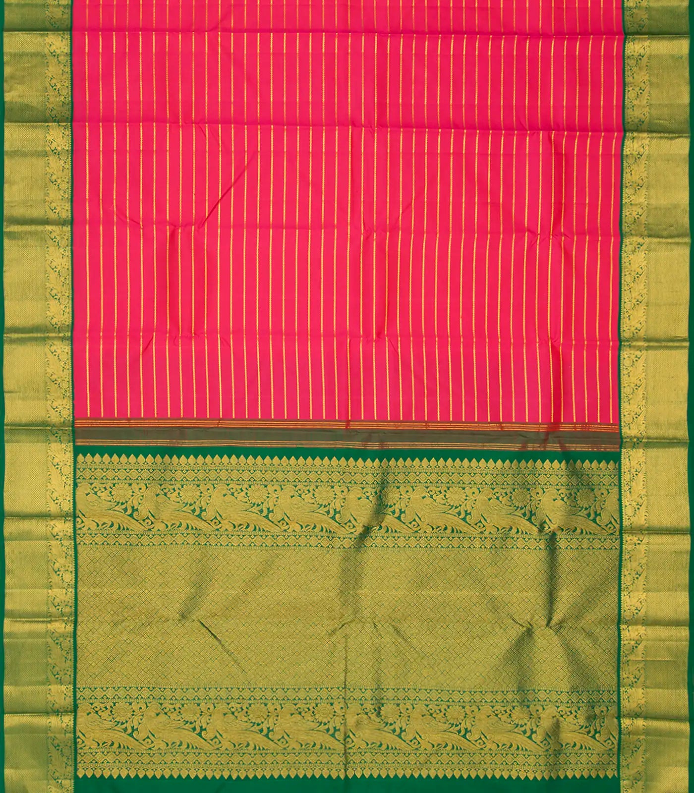 Orange Handloom Kanchipuram Korvai Silk Saree With Stripes & Peacock Motifs in Border-Orange