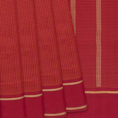 Red Handloom Kanchipuram Nine Yards Silk Saree With Checks-Red