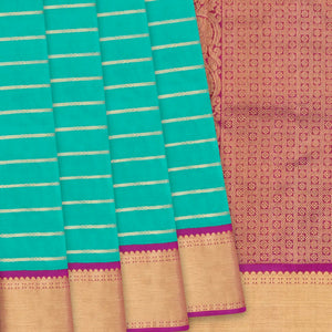 Turquoise Handloom Kanchipuram Korvai Silk Saree With Stripes & Pink Border-Turquoise