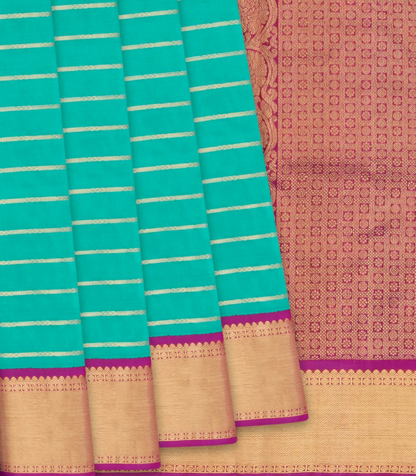 Turquoise Handloom Kanchipuram Korvai Silk Saree With Stripes & Pink Border-Turquoise