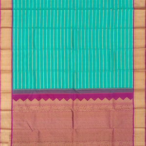 Turquoise Handloom Kanchipuram Korvai Silk Saree With Stripes & Pink Border-Turquoise
