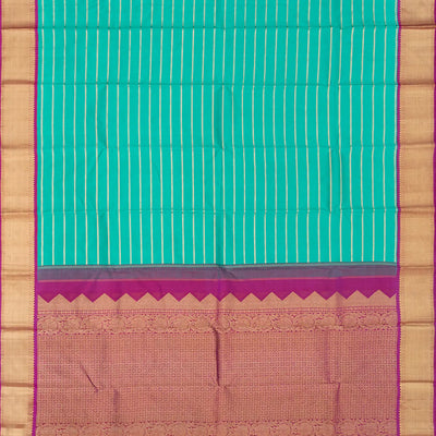 Turquoise Handloom Kanchipuram Korvai Silk Saree With Stripes & Pink Border-Turquoise
