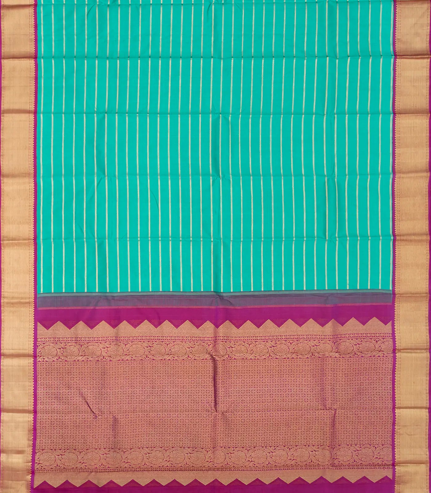 Turquoise Handloom Kanchipuram Korvai Silk Saree With Stripes & Pink Border-Turquoise