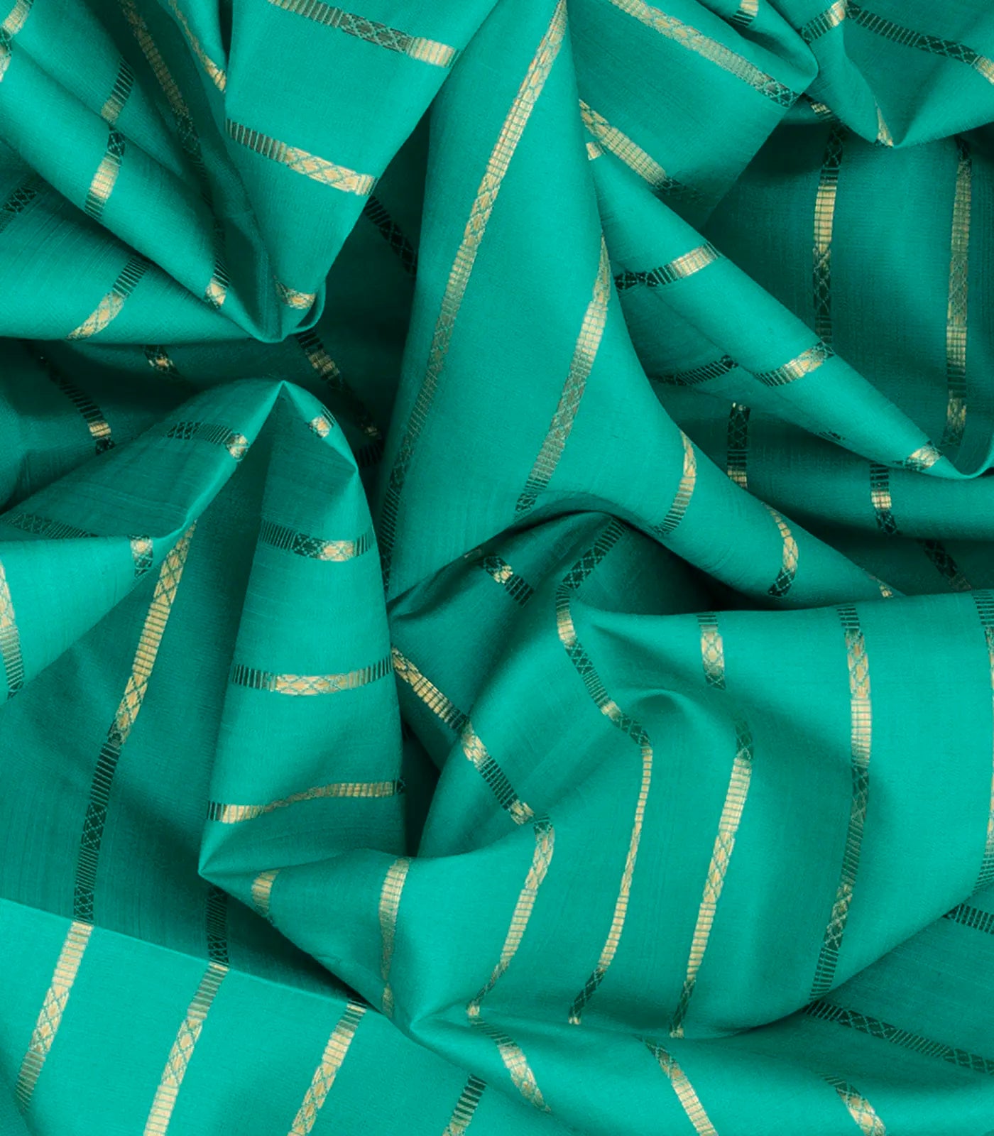 Turquoise Handloom Kanchipuram Korvai Silk Saree With Stripes & Pink Border-Turquoise