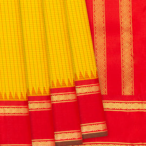 Yellow Handloom Kanchipuram Korvai Silk Saree With Checks & Red Border-Yellow