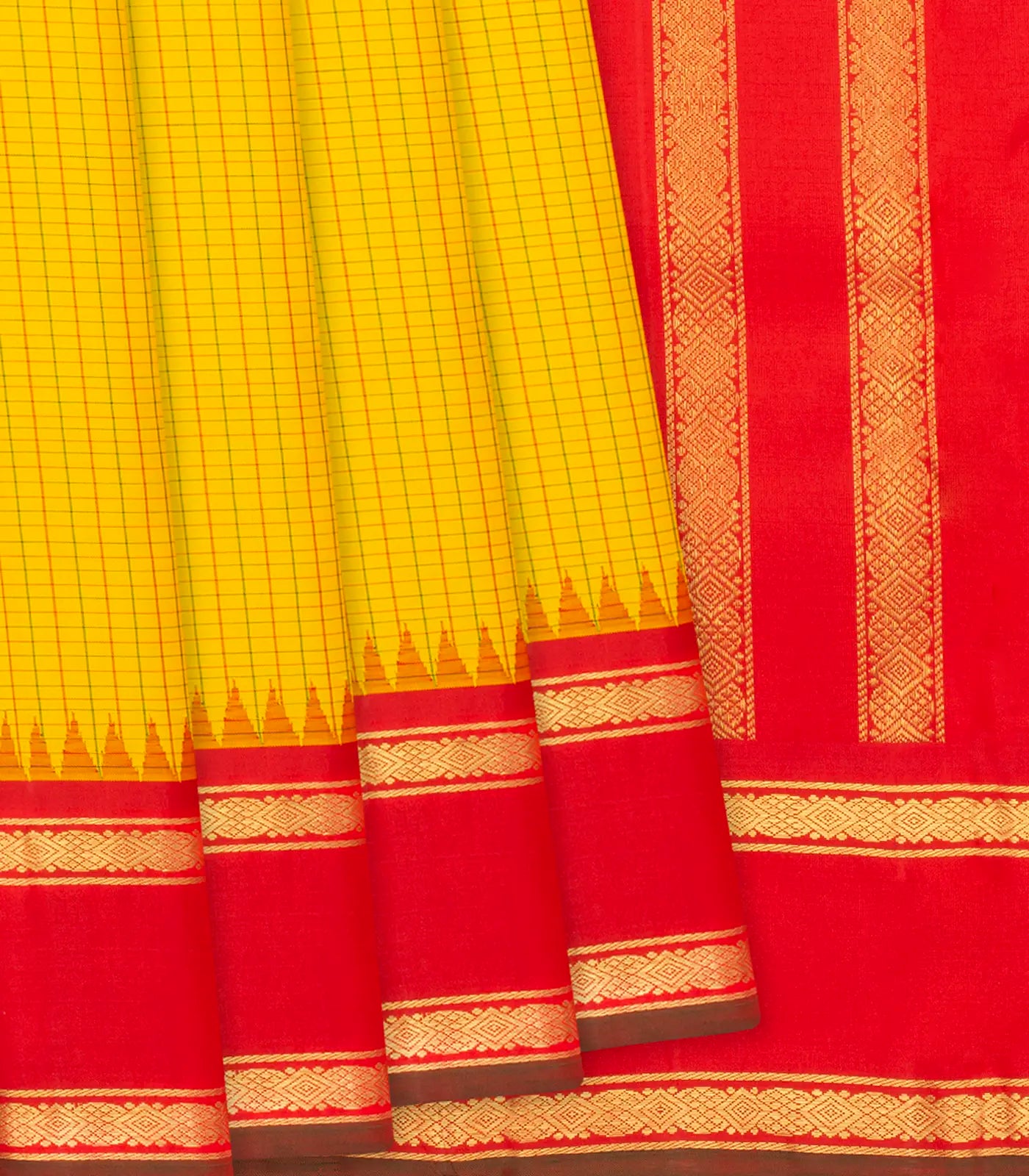 Yellow Handloom Kanchipuram Korvai Silk Saree With Checks & Red Border-Yellow