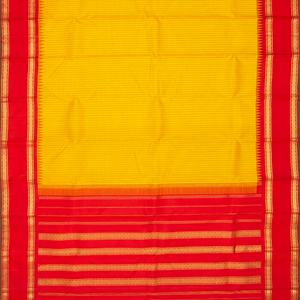 Yellow Handloom Kanchipuram Korvai Silk Saree With Checks & Red Border-Yellow