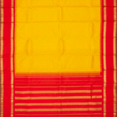Yellow Handloom Kanchipuram Korvai Silk Saree With Checks & Red Border-Yellow