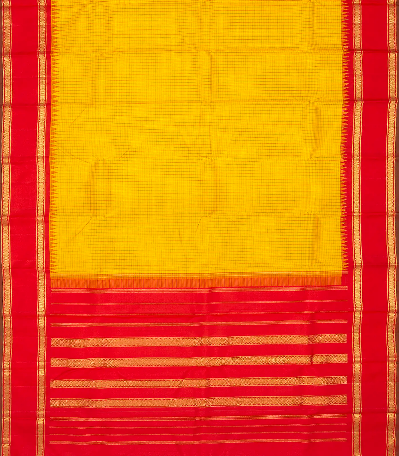 Yellow Handloom Kanchipuram Korvai Silk Saree With Checks & Red Border-Yellow