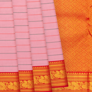 Baby Pink Handloom Kanchipuram Korvai Silk Saree With Beldari Stripes & Ganga Jamuna Border-Baby Pink