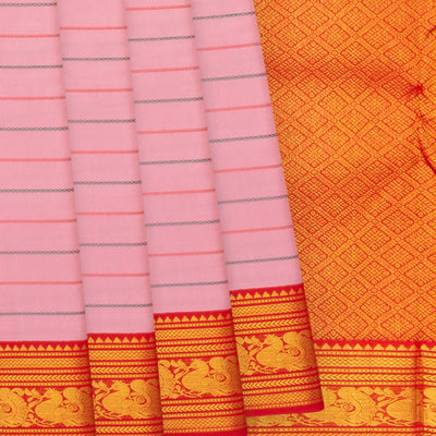 Baby Pink Handloom Kanchipuram Korvai Silk Saree With Beldari Stripes & Ganga Jamuna Border-Baby Pink