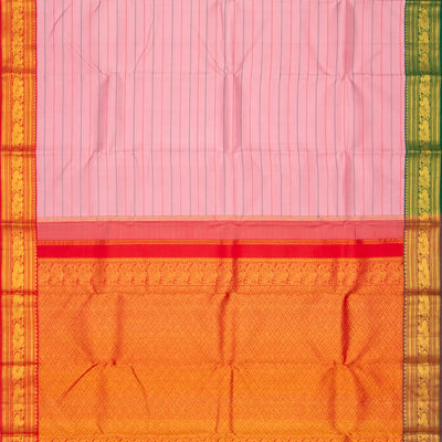 Baby Pink Handloom Kanchipuram Korvai Silk Saree With Beldari Stripes & Ganga Jamuna Border-Baby Pink