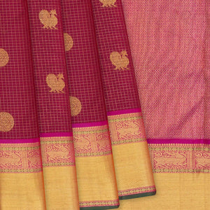Crimson Handloom Kanchipuram Silk Saree With Annam Chakaram In Checks & Pink Border-Crimson