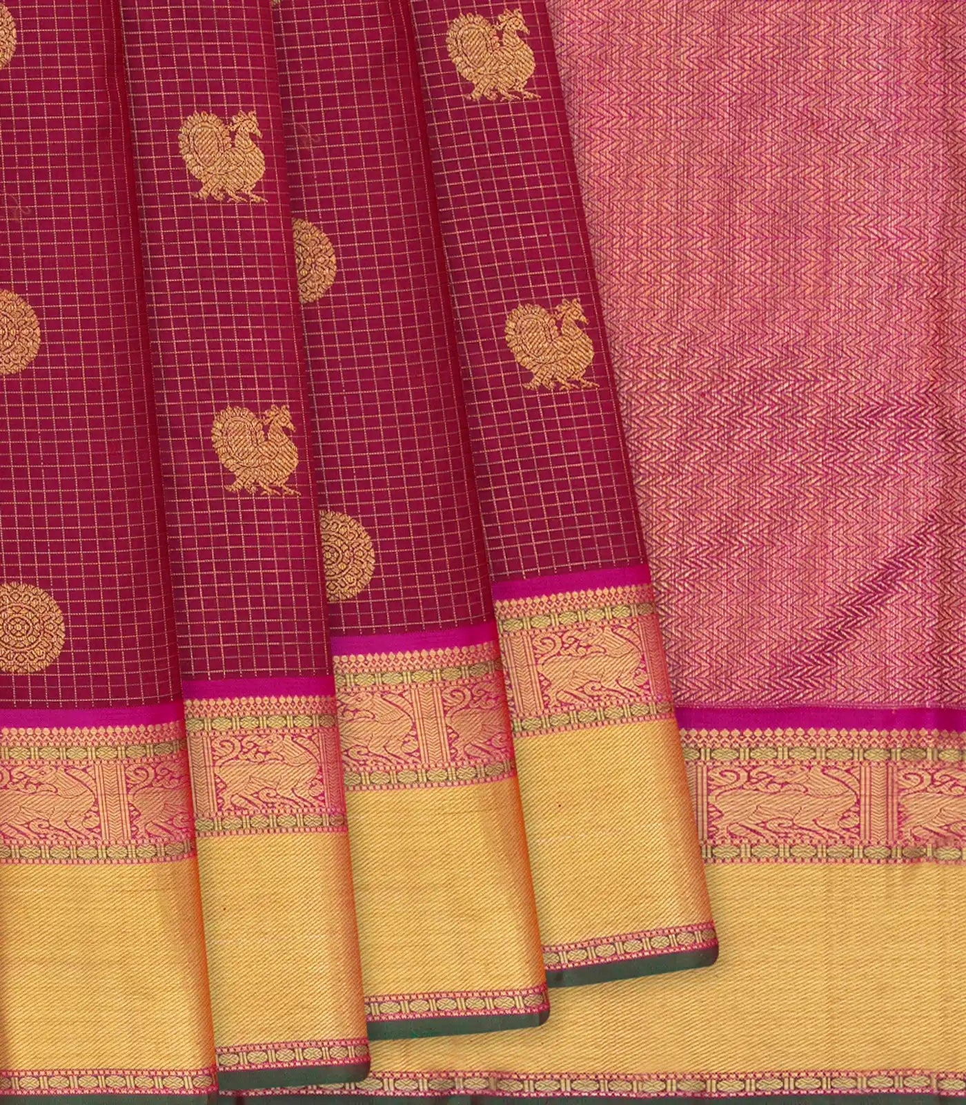 Crimson Handloom Kanchipuram Silk Saree With Annam Chakaram In Checks & Pink Border-Crimson