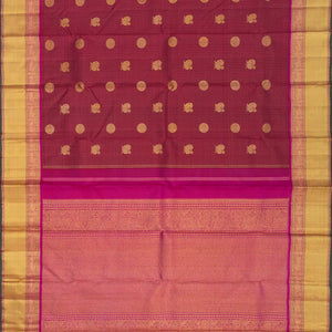 Crimson Handloom Kanchipuram Silk Saree With Annam Chakaram In Checks & Pink Border-Crimson