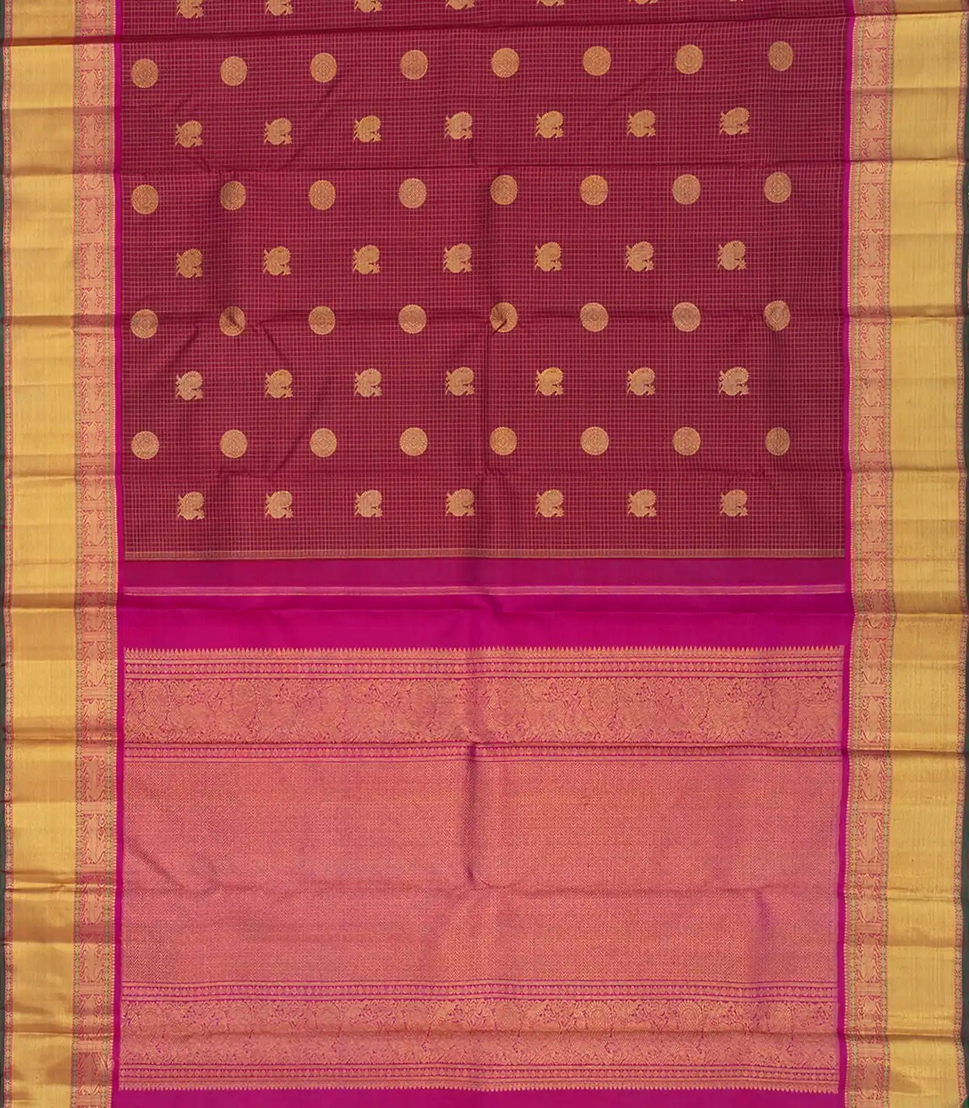 Crimson Handloom Kanchipuram Silk Saree With Annam Chakaram In Checks & Pink Border-Crimson