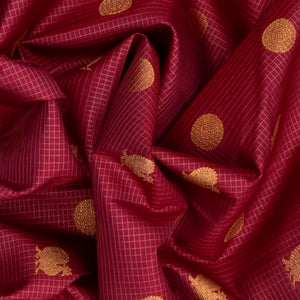 Crimson Handloom Kanchipuram Silk Saree With Annam Chakaram In Checks & Pink Border-Crimson