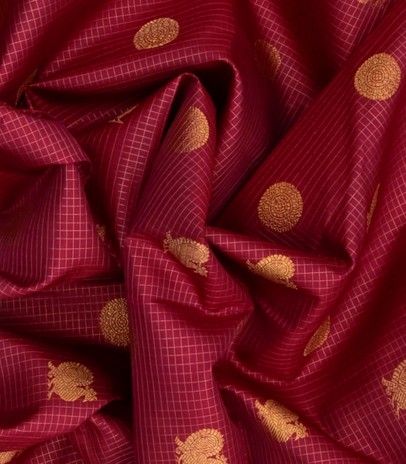 Crimson Handloom Kanchipuram Silk Saree With Annam Chakaram In Checks & Pink Border-Crimson