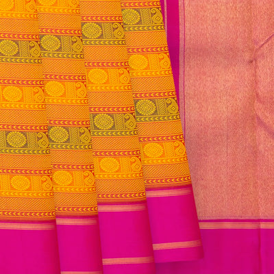 Mustard Handloom Kanchipuram Silk Saree With Mango Motifs in Stripes & Pink Border-Mustard