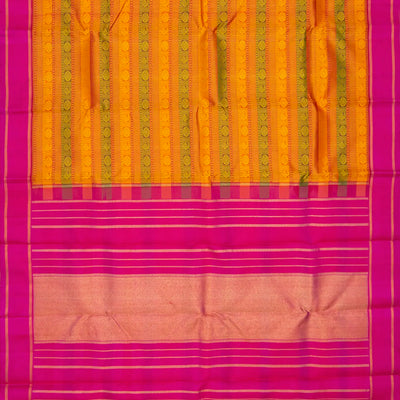 Mustard Handloom Kanchipuram Silk Saree With Mango Motifs in Stripes & Pink Border-Mustard