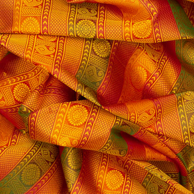 Mustard Handloom Kanchipuram Silk Saree With Mango Motifs in Stripes & Pink Border-Mustard