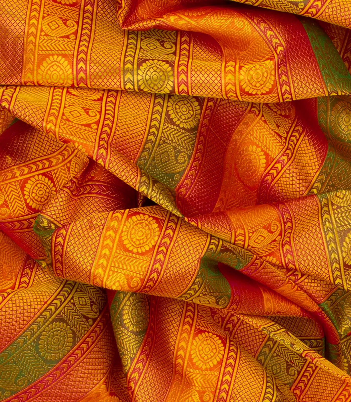Mustard Handloom Kanchipuram Silk Saree With Mango Motifs in Stripes & Pink Border-Mustard