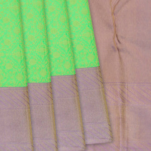 Green Handloom Kanchipuram Silk Saree With Floral Vine Motifs-Green