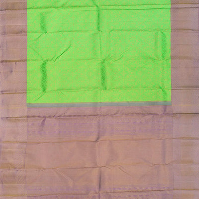 Green Handloom Kanchipuram Silk Saree With Floral Vine Motifs-Green