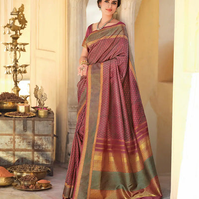 Dusty Pink Handloom Natural Dyed Silk Saree With Jaal Kamalam Motifs
