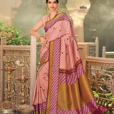 Baby Pink Handloom Natural Dyed Silk Saree With Kamalam Motifs