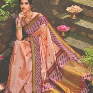 Baby Pink Handloom Natural Dyed Silk Saree With Kamalam Motifs