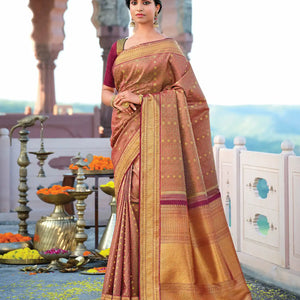 Maroon Handloom Natural Dyed Silk Saree With Kamalam Motifs