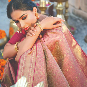 Maroon Handloom Natural Dyed Silk Saree With Kamalam Motifs