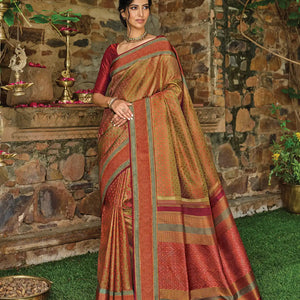 Dark Olive & Peach Handloom Kanchipuram Natural Dyed Silk Saree
