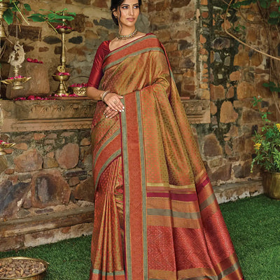 Dark Olive & Peach Handloom Kanchipuram Natural Dyed Silk Saree