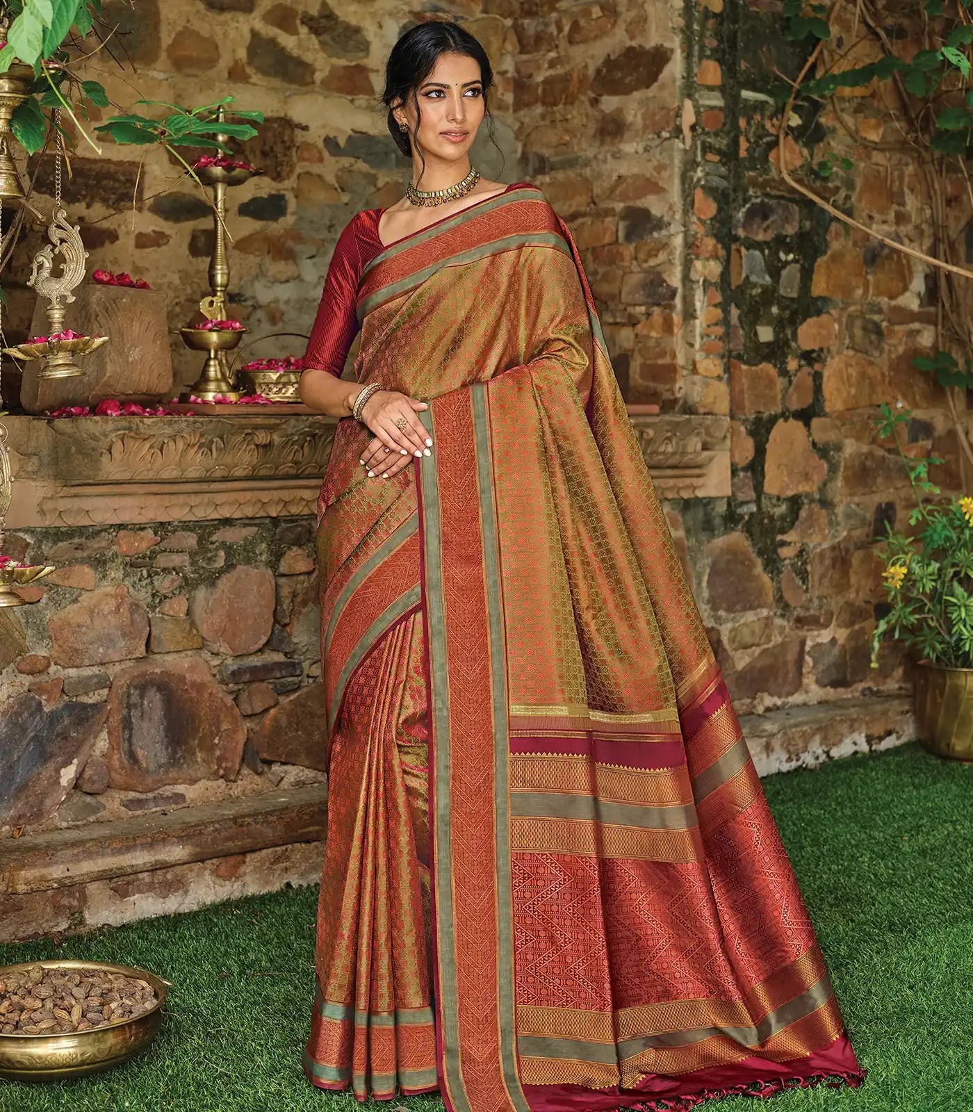 Dark Olive & Peach Handloom Kanchipuram Natural Dyed Silk Saree