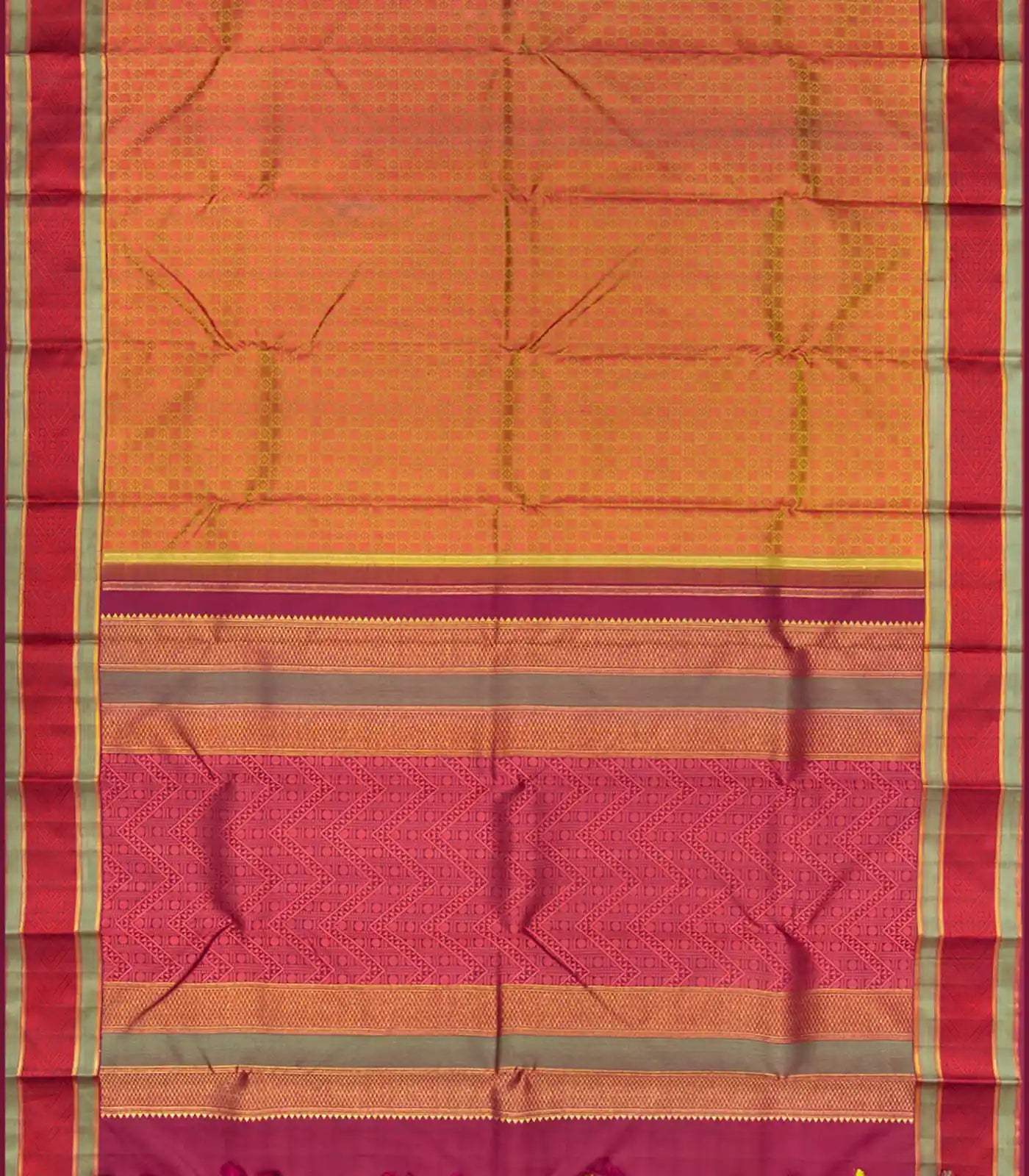 Dark Olive & Peach Handloom Kanchipuram Natural Dyed Silk Saree